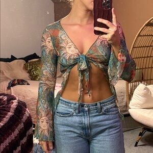 Bohemian Sun Print Tie-Front Top